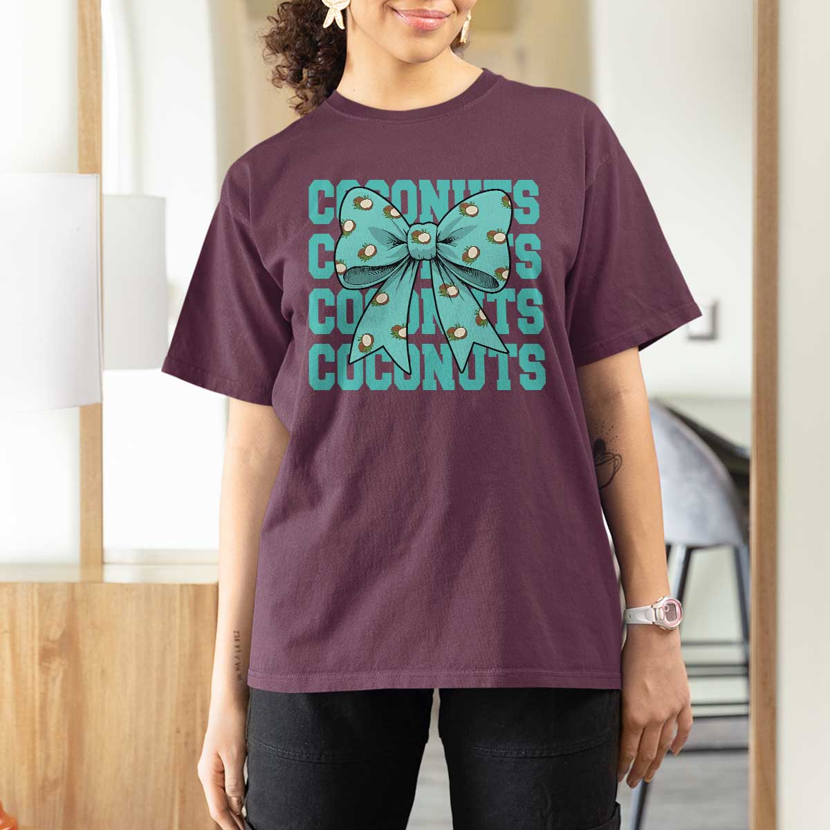 Retro Coconuts Coquette Bow T Shirt For Women Summer Beach Coconut Fruit Humor