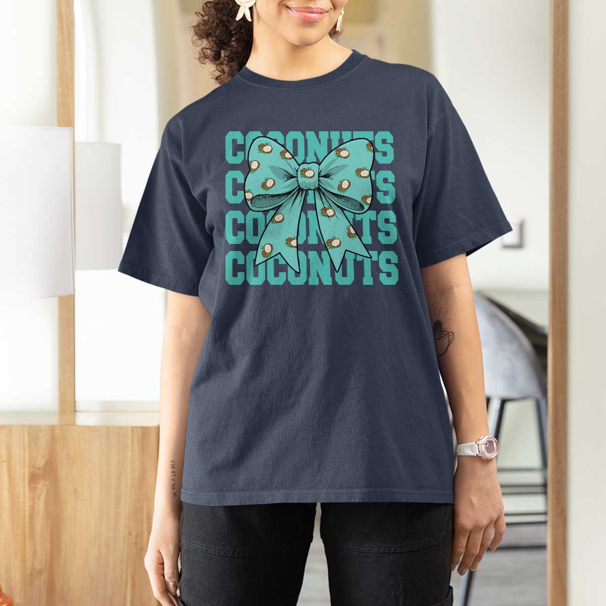 Retro Coconuts Coquette Bow T Shirt For Women Summer Beach Coconut Fruit Humor