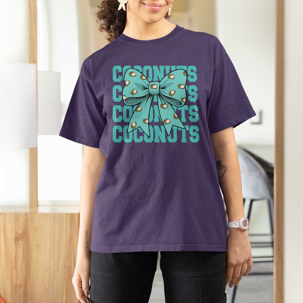 Retro Coconuts Coquette Bow T Shirt For Women Summer Beach Coconut Fruit Humor