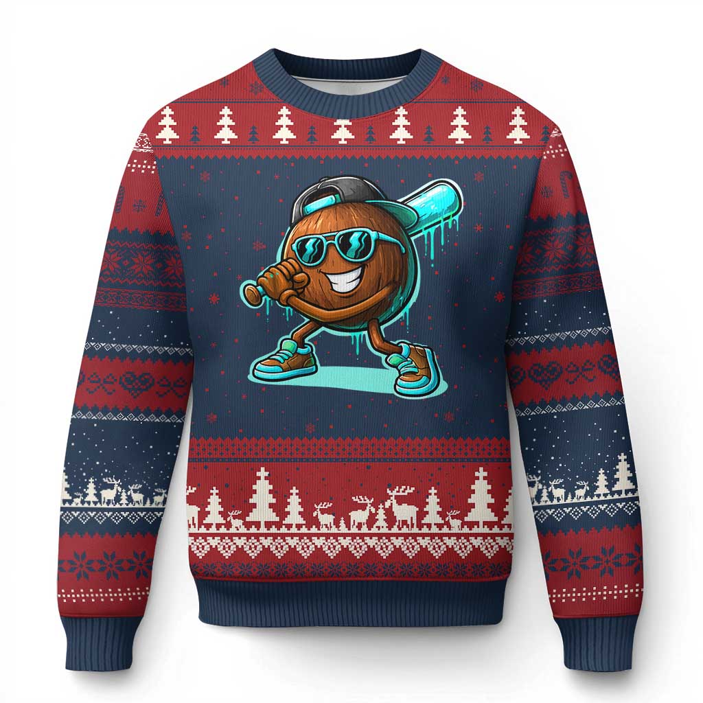 Coconut Baseball Player Ugly Christmas Sweater Funny Baseball Drip Ice Cream Fruit Humor