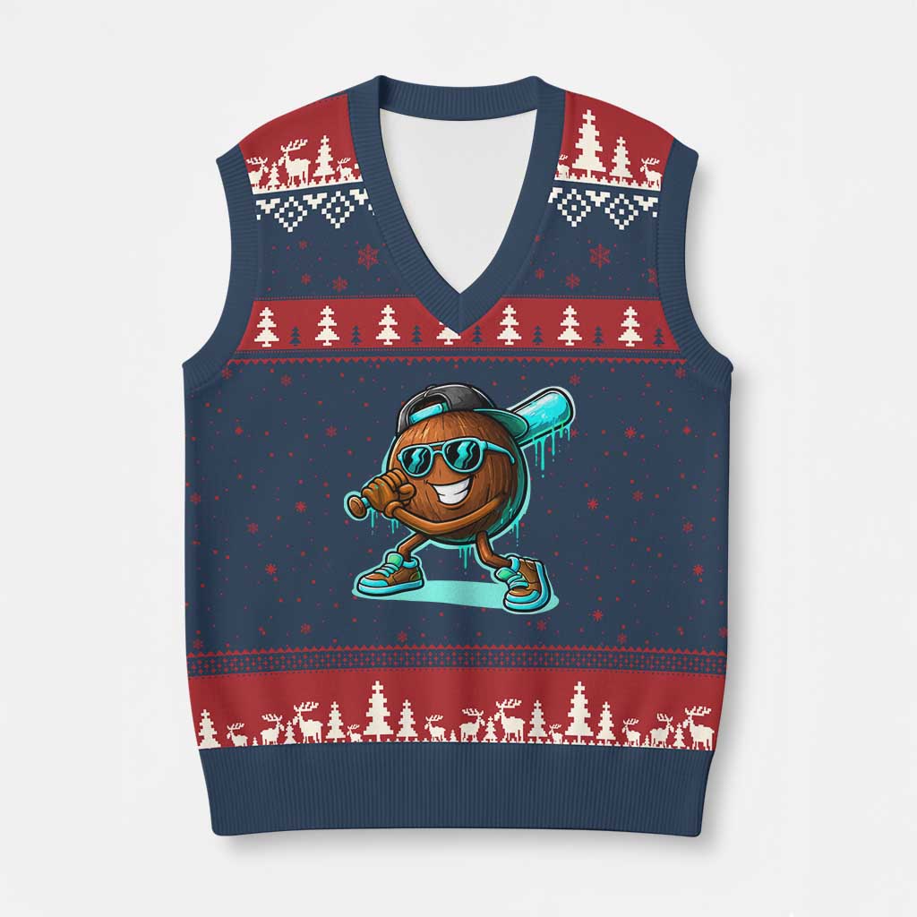 Coconut Baseball Player V-Neck Knit Sweater Vest Funny Baseball Drip Ice Cream Fruit Humor
