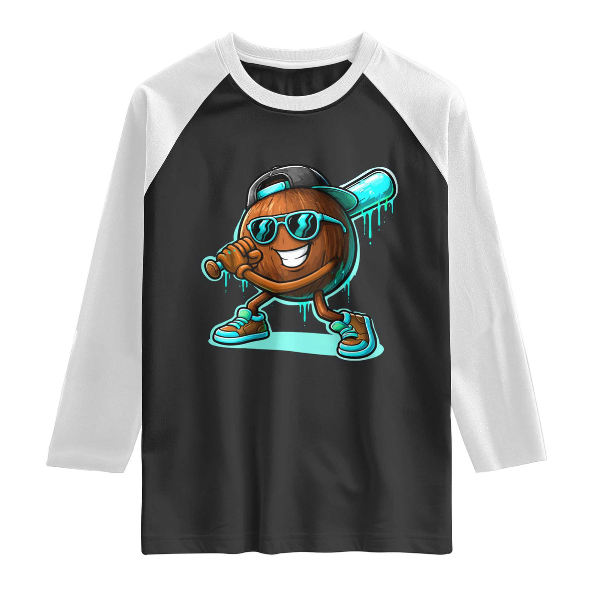 Coconut Baseball Player Raglan Shirt Funny Baseball Drip Ice Cream Fruit Humor