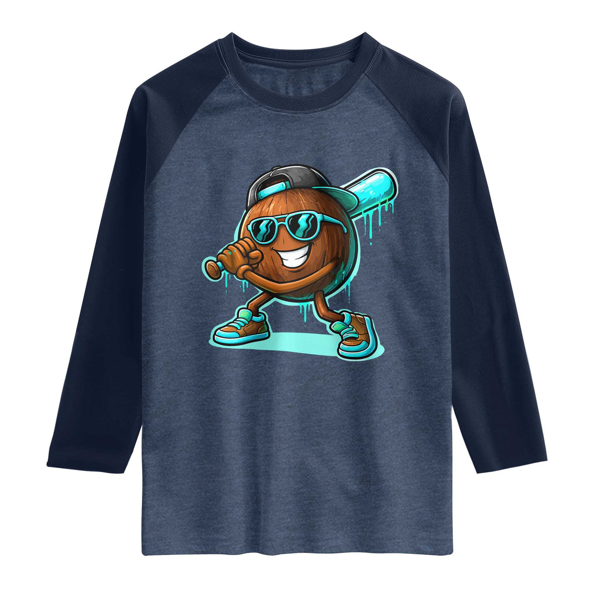 Coconut Baseball Player Raglan Shirt Funny Baseball Drip Ice Cream Fruit Humor