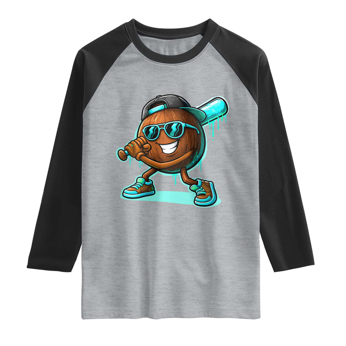 Coconut Baseball Player Raglan Shirt Funny Baseball Drip Ice Cream Fruit Humor