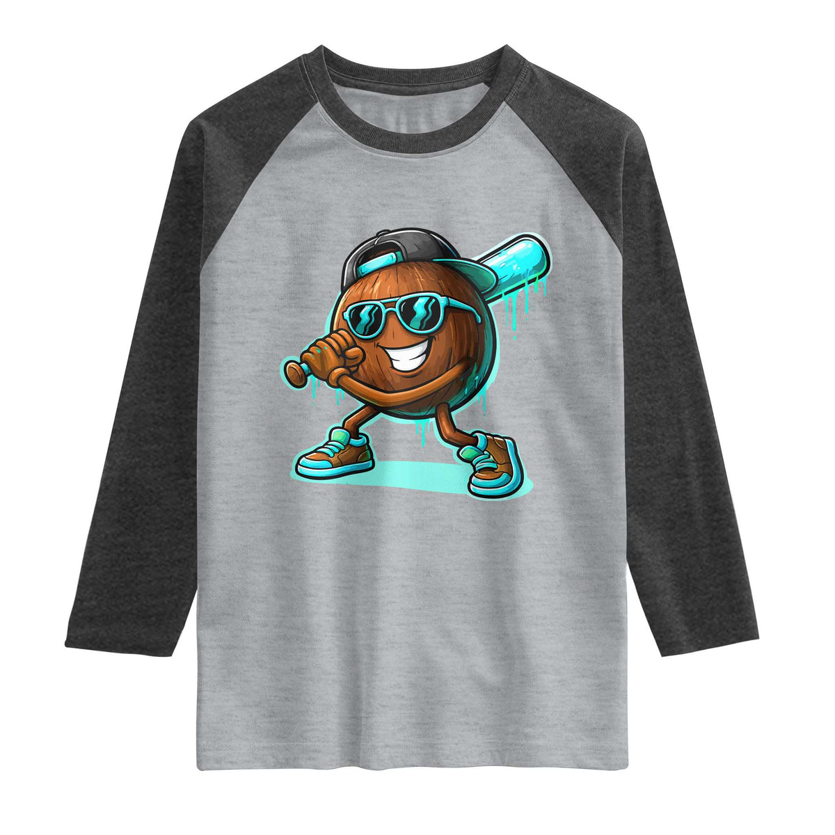 Coconut Baseball Player Raglan Shirt Funny Baseball Drip Ice Cream Fruit Humor