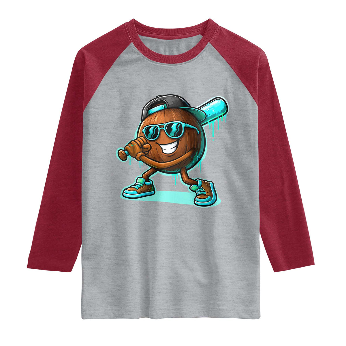 Coconut Baseball Player Raglan Shirt Funny Baseball Drip Ice Cream Fruit Humor