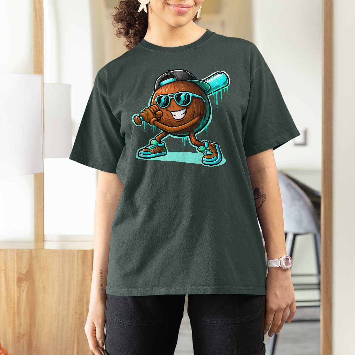 Coconut Baseball Player T Shirt For Women Funny Baseball Drip Ice Cream Fruit Humor