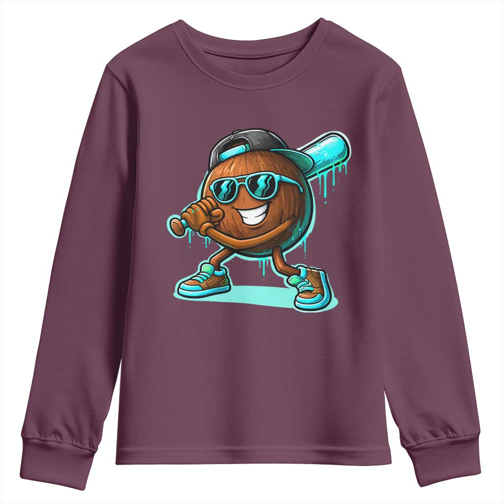Coconut Baseball Player Youth Sweatshirt Funny Baseball Drip Ice Cream Fruit Humor