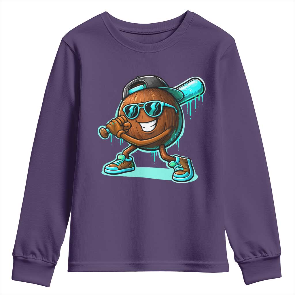 Coconut Baseball Player Youth Sweatshirt Funny Baseball Drip Ice Cream Fruit Humor
