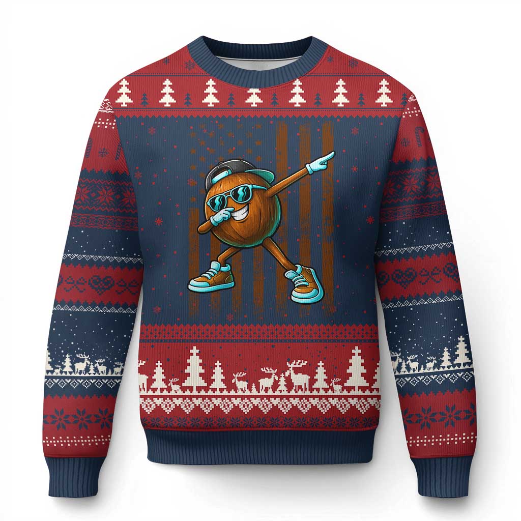 Dabbing Coconut Ugly Christmas Sweater Retro American Flag Fruit Lover