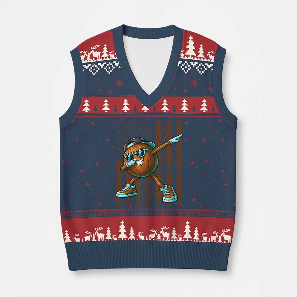 Dabbing Coconut V-Neck Knit Sweater Vest Retro American Flag Fruit Lover