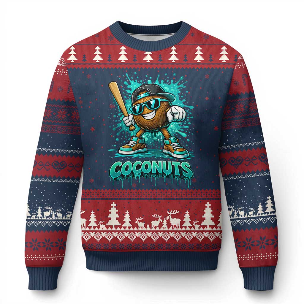 Baseball Coconut Ugly Christmas Sweater Funny Graffiti Splatter Sports