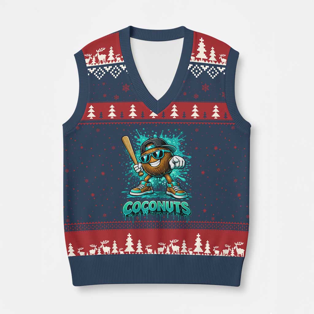 Baseball Coconut V-Neck Knit Sweater Vest Funny Graffiti Splatter Sports