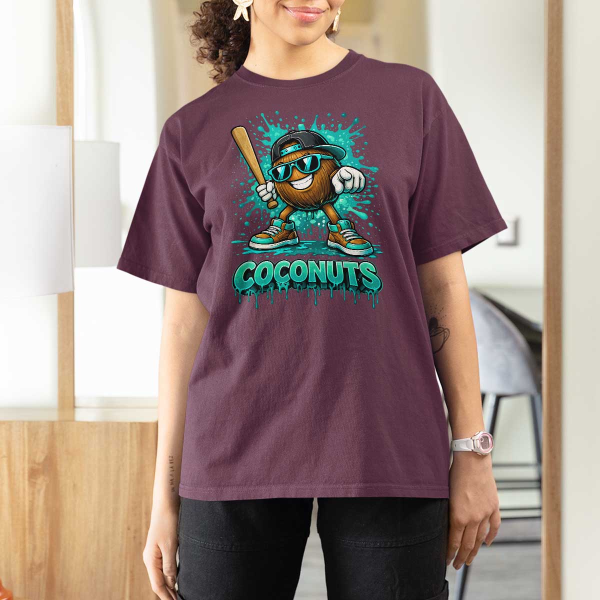 Baseball Coconut T Shirt For Women Funny Graffiti Splatter Sports