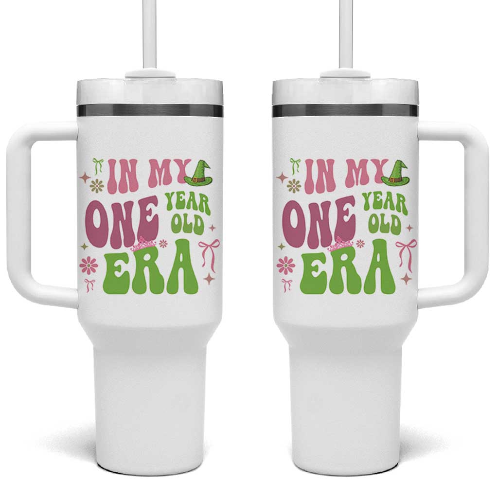 Baby Girl First Birthday Outfit Tumbler With Handle In My One Year Old Era Witch Pink Green