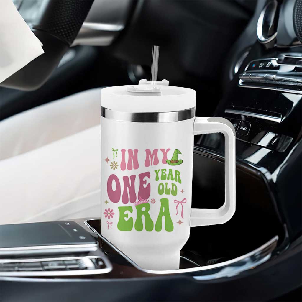 Baby Girl First Birthday Outfit Tumbler With Handle In My One Year Old Era Witch Pink Green