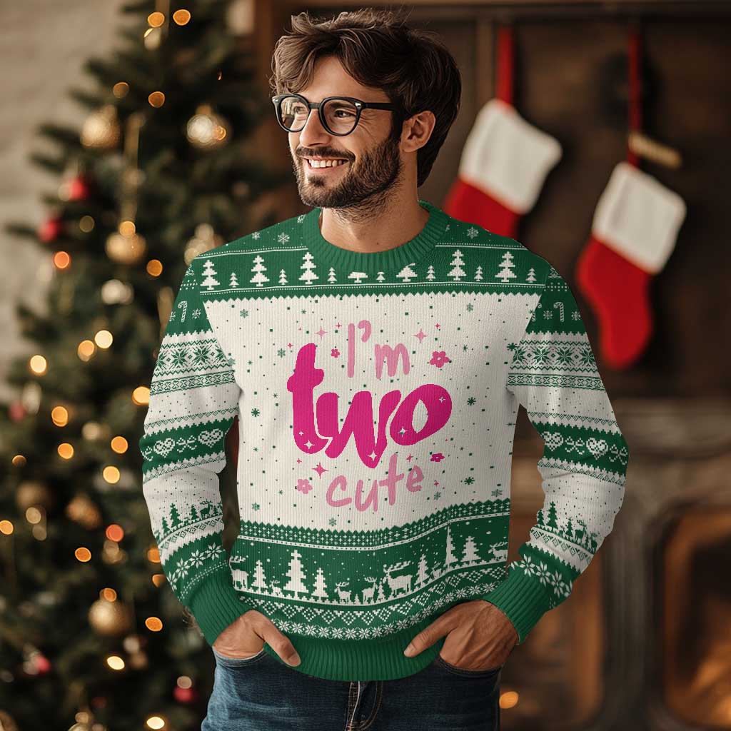 Two Birthday Girl Ugly Christmas Sweater Pink 2nd Bday Im Two Cute