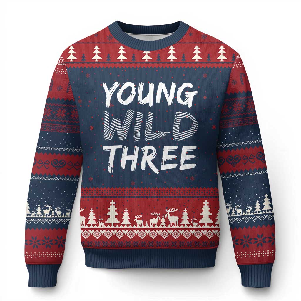 Toddler 3rd Birthday Ugly Christmas Sweater Young Wild And Three - Wonder Print Shop