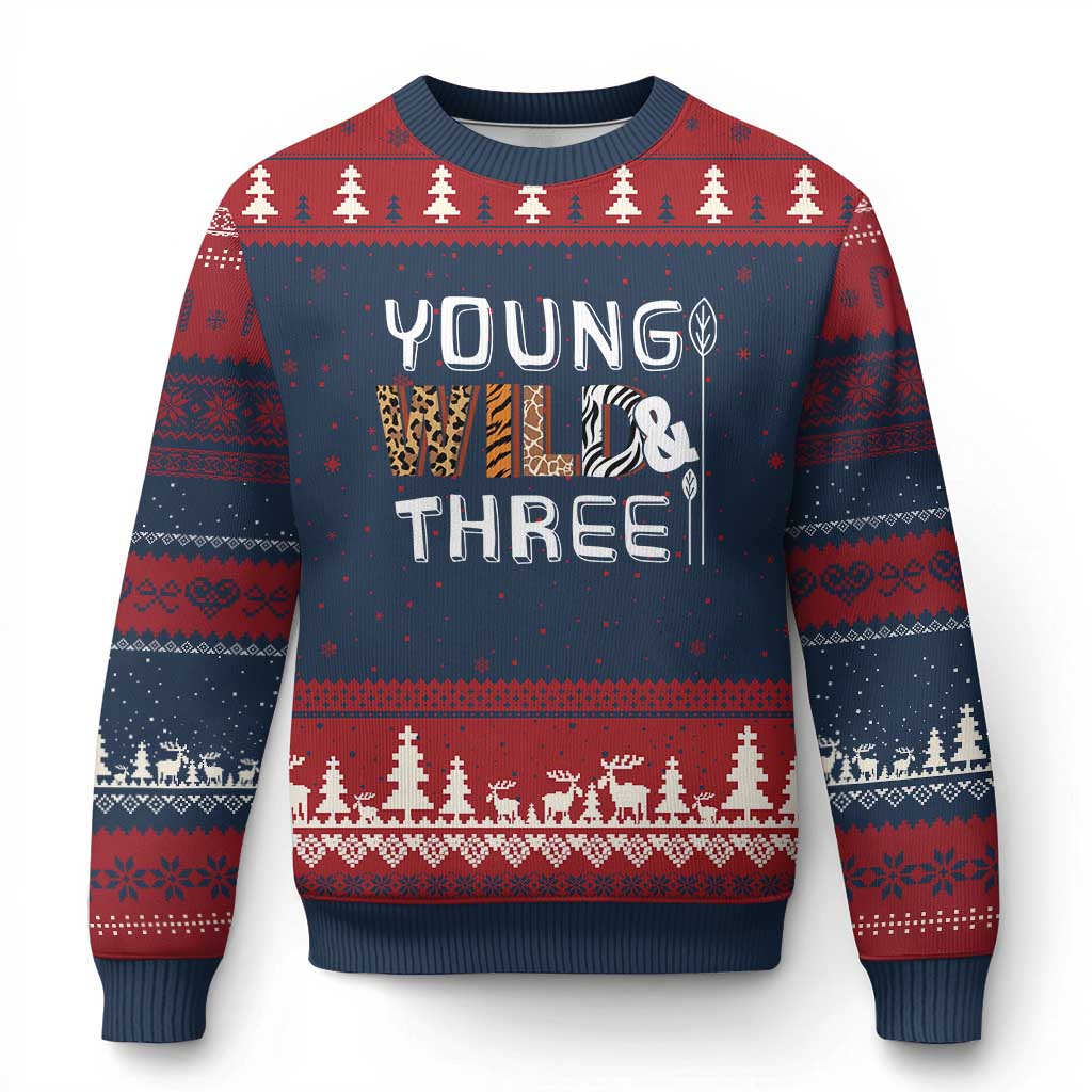 3rd Birthday Ugly Christmas Sweater Young Wild And Three Safari Zoo Party