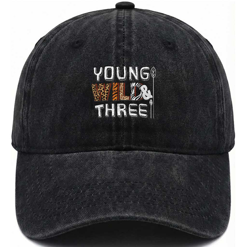3rd Birthday Washed Cotton Baseball Cap Young Wild And Three Safari Zoo Party