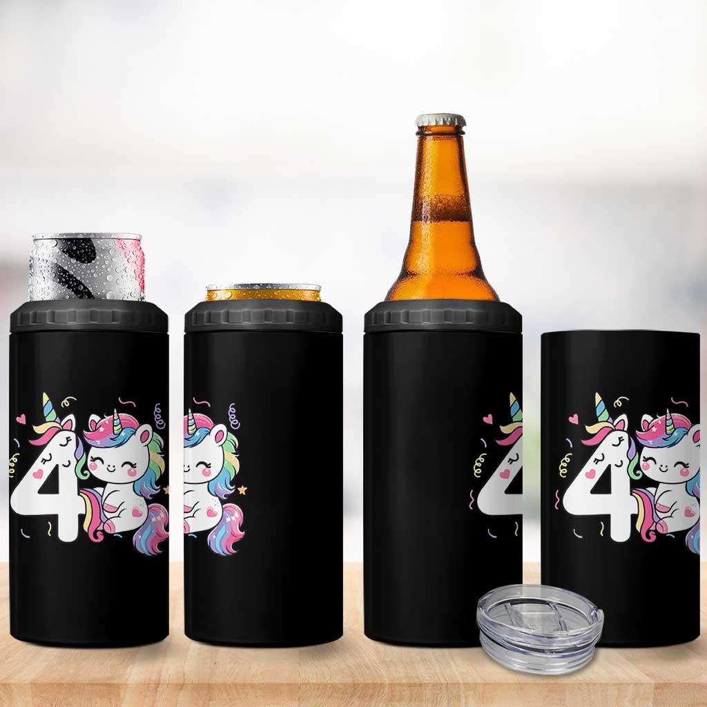 Unicorn 4th Birthday 4 in 1 Can Cooler Tumbler 4 Years Old Birthday Outfit