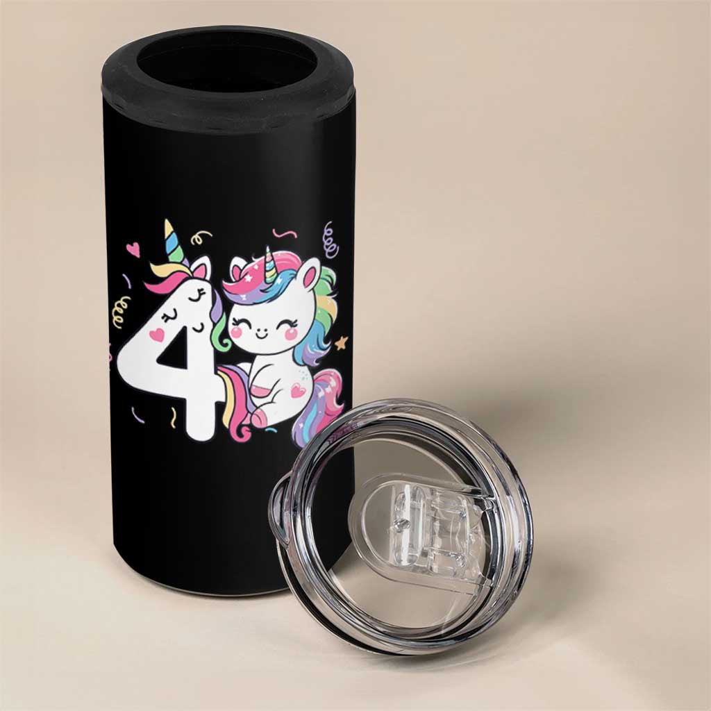 Unicorn 4th Birthday 4 in 1 Can Cooler Tumbler 4 Years Old Birthday Outfit