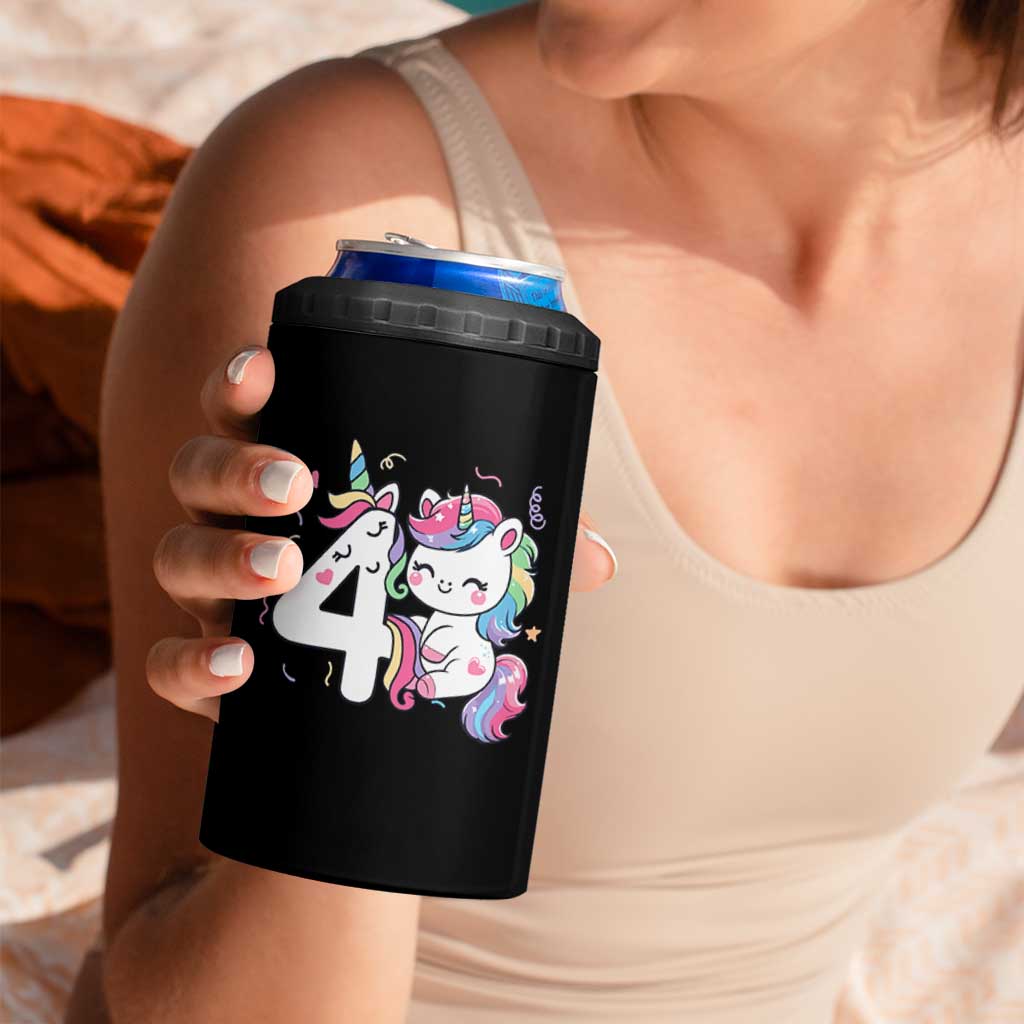 Unicorn 4th Birthday 4 in 1 Can Cooler Tumbler 4 Years Old Birthday Outfit