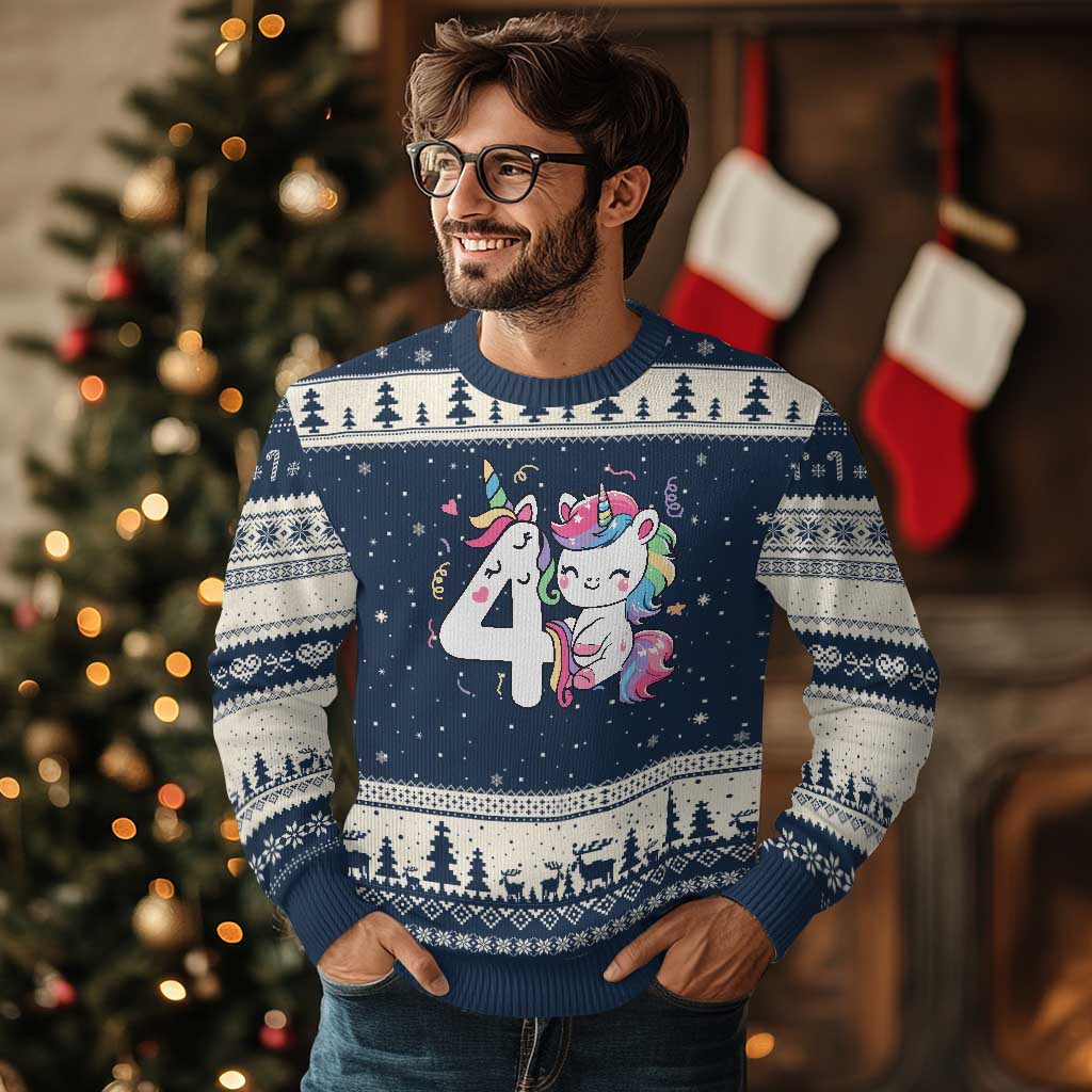 Unicorn 4th Birthday Ugly Christmas Sweater 4 Years Old Birthday Outfit