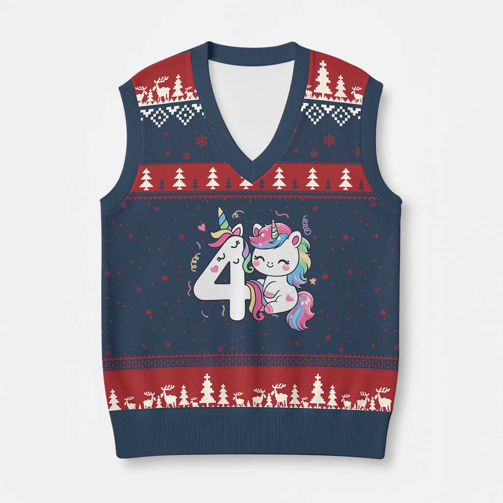 Unicorn 4th Birthday V-Neck Knit Sweater Vest 4 Years Old Birthday Outfit