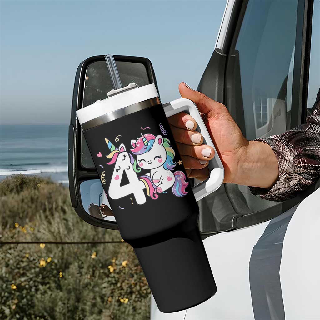 Unicorn 4th Birthday Tumbler With Handle 4 Years Old Birthday Outfit