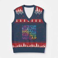 Funny Teacher V-Neck Knit Sweater Vest Listen Up Rizzlers Sigmas Show Work No Cap Tie-Dye - Wonder Print Shop