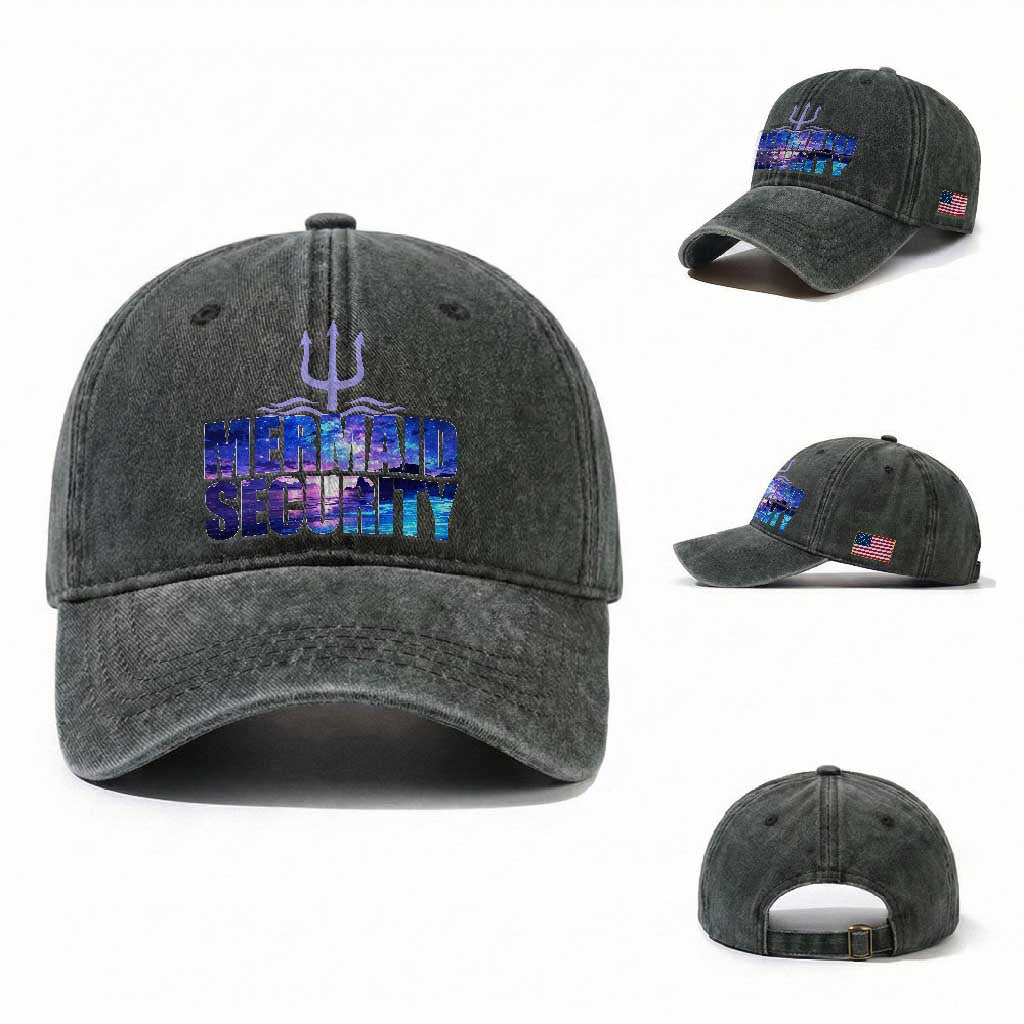 Mermaid Security Washed Cotton Baseball Cap Funny Mermaid Family Squad