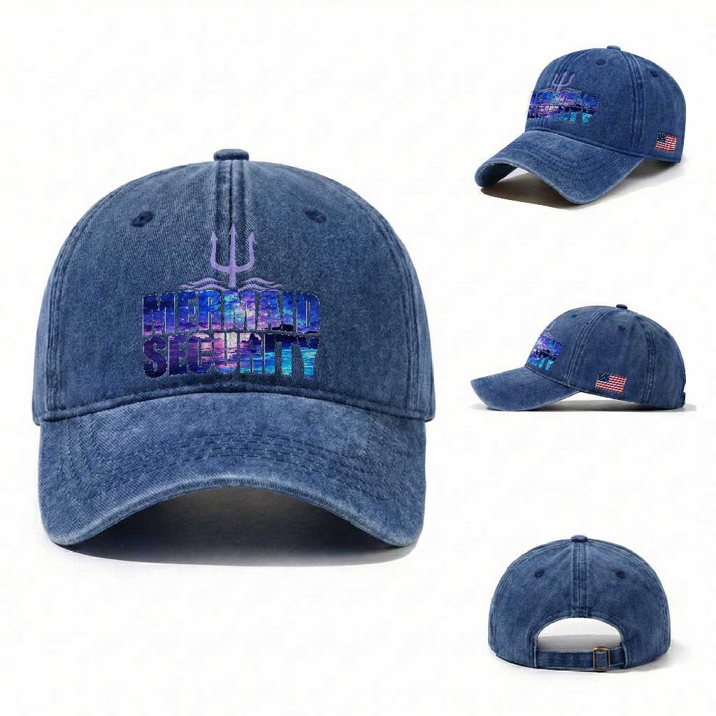 Mermaid Security Washed Cotton Baseball Cap Funny Mermaid Family Squad