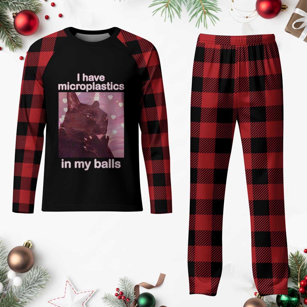 Funny Cat Meme Plaid Pajama Set I Have Microplastics In My Balls Dank Meme - Wonder Print Shop