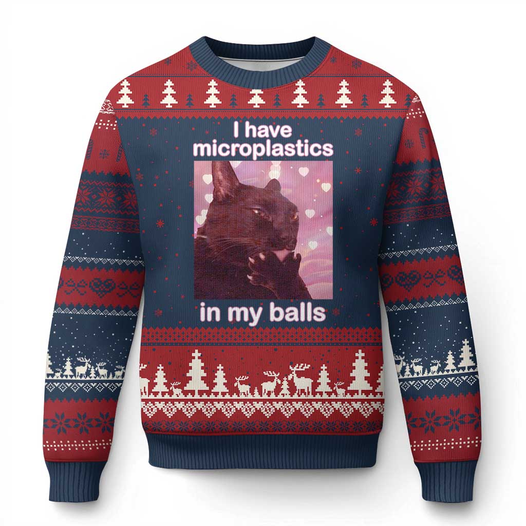 Funny Cat Meme Ugly Christmas Sweater I Have Microplastics In My Balls Dank Meme - Wonder Print Shop