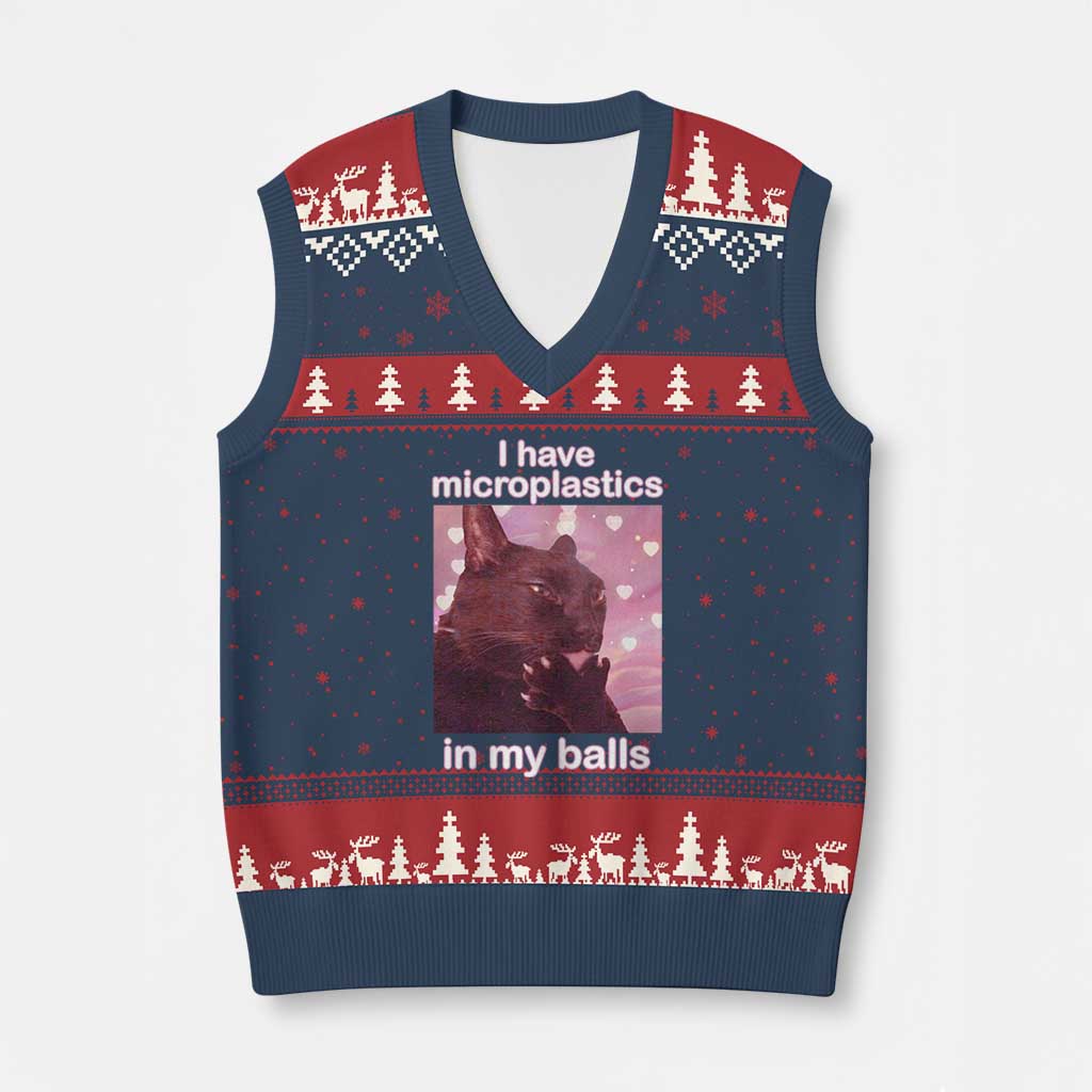 Funny Cat Meme V-Neck Knit Sweater Vest I Have Microplastics In My Balls Dank Meme - Wonder Print Shop