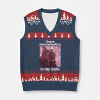 Funny Cat Meme V-Neck Knit Sweater Vest I Have Microplastics In My Balls Dank Meme - Wonder Print Shop