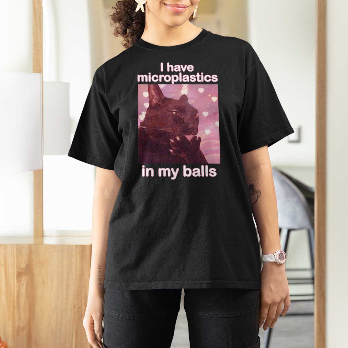 Funny Cat Meme T Shirt For Women I Have Microplastics In My Balls Dank Meme - Wonder Print Shop