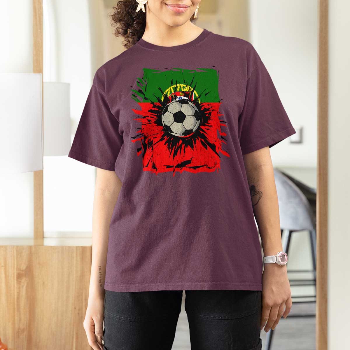 Portugal Soccer T Shirt For Women Portuguese Flag Soccer Ball Futebol - Wonder Print Shop