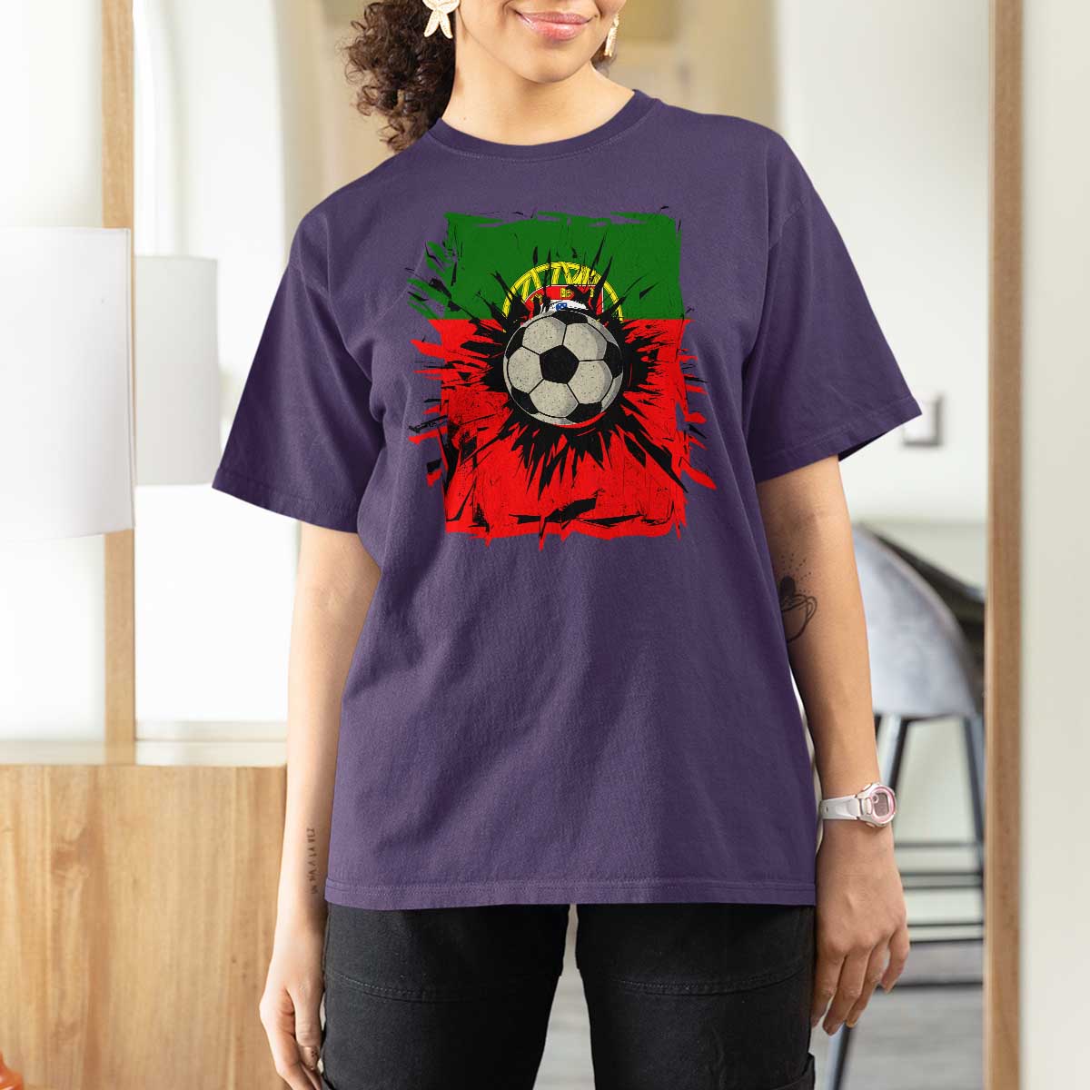 Portugal Soccer T Shirt For Women Portuguese Flag Soccer Ball Futebol - Wonder Print Shop