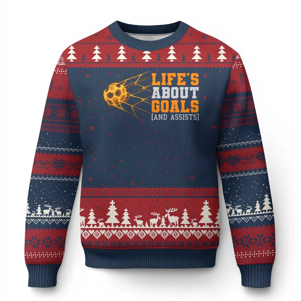 Funny Soccer Ugly Christmas Sweater Life Is About Goals And Assists Youth Soccer - Wonder Print Shop