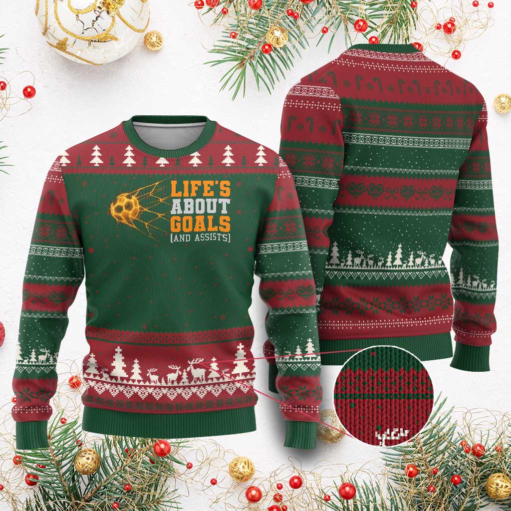 Funny Soccer Ugly Christmas Sweater Life Is About Goals And Assists Youth Soccer - Wonder Print Shop