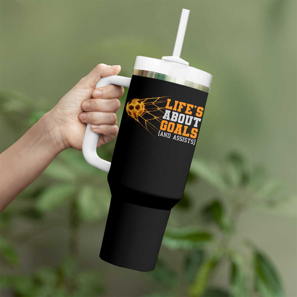Funny Soccer Tumbler With Handle Life Is About Goals And Assists Youth Soccer - Wonder Print Shop