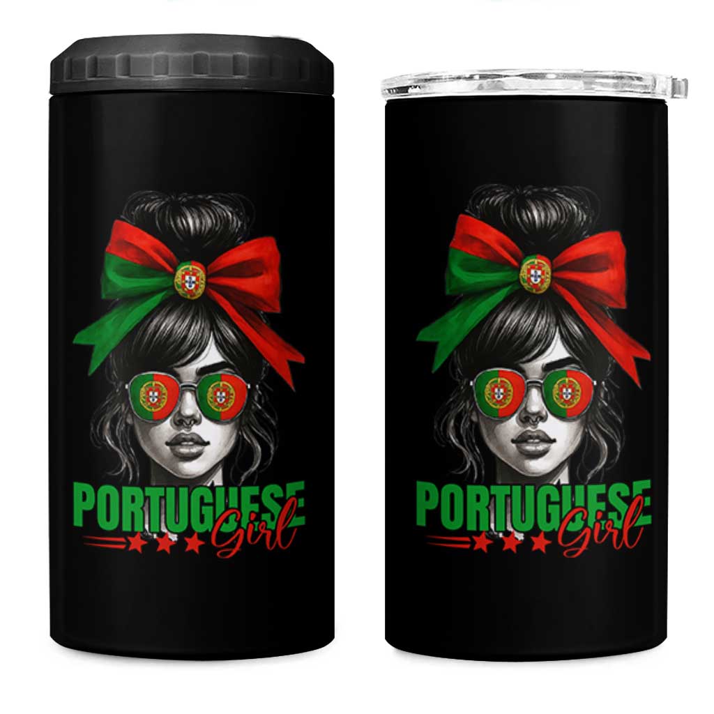 Portuguese Girl 4 in 1 Can Cooler Tumbler Messy Bun Portugal Flag Roots Heritage Pride Gift - Wonder Print Shop