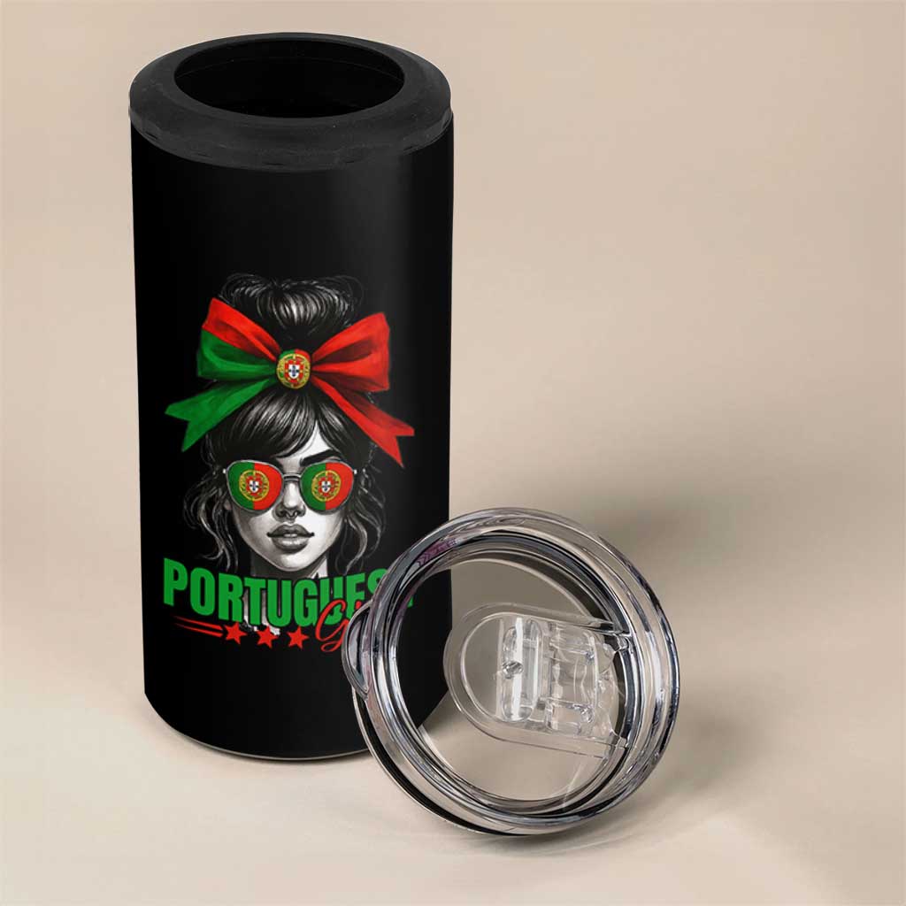Portuguese Girl 4 in 1 Can Cooler Tumbler Messy Bun Portugal Flag Roots Heritage Pride Gift - Wonder Print Shop