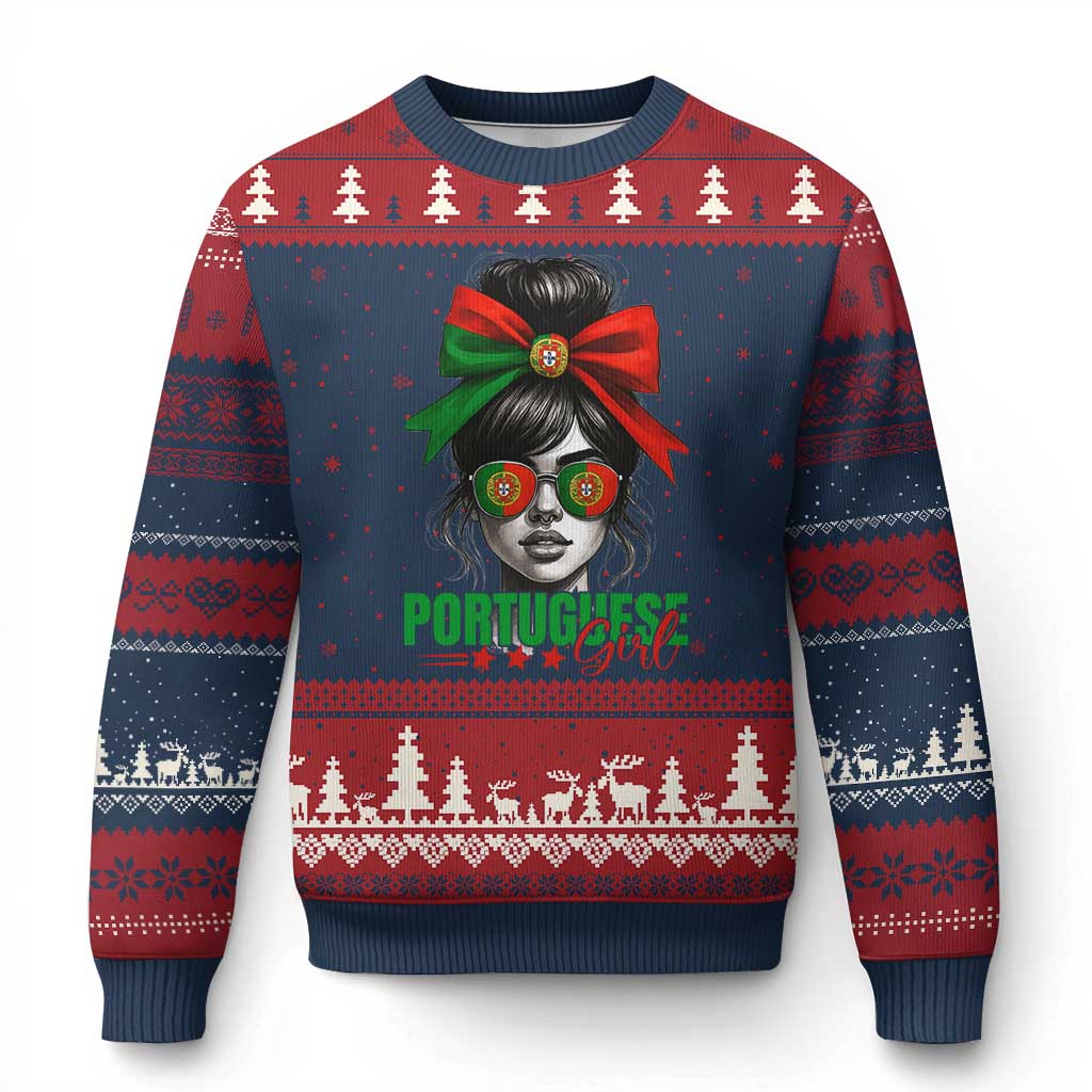 Portuguese Girl Ugly Christmas Sweater Messy Bun Portugal Flag Roots Heritage Pride Gift - Wonder Print Shop