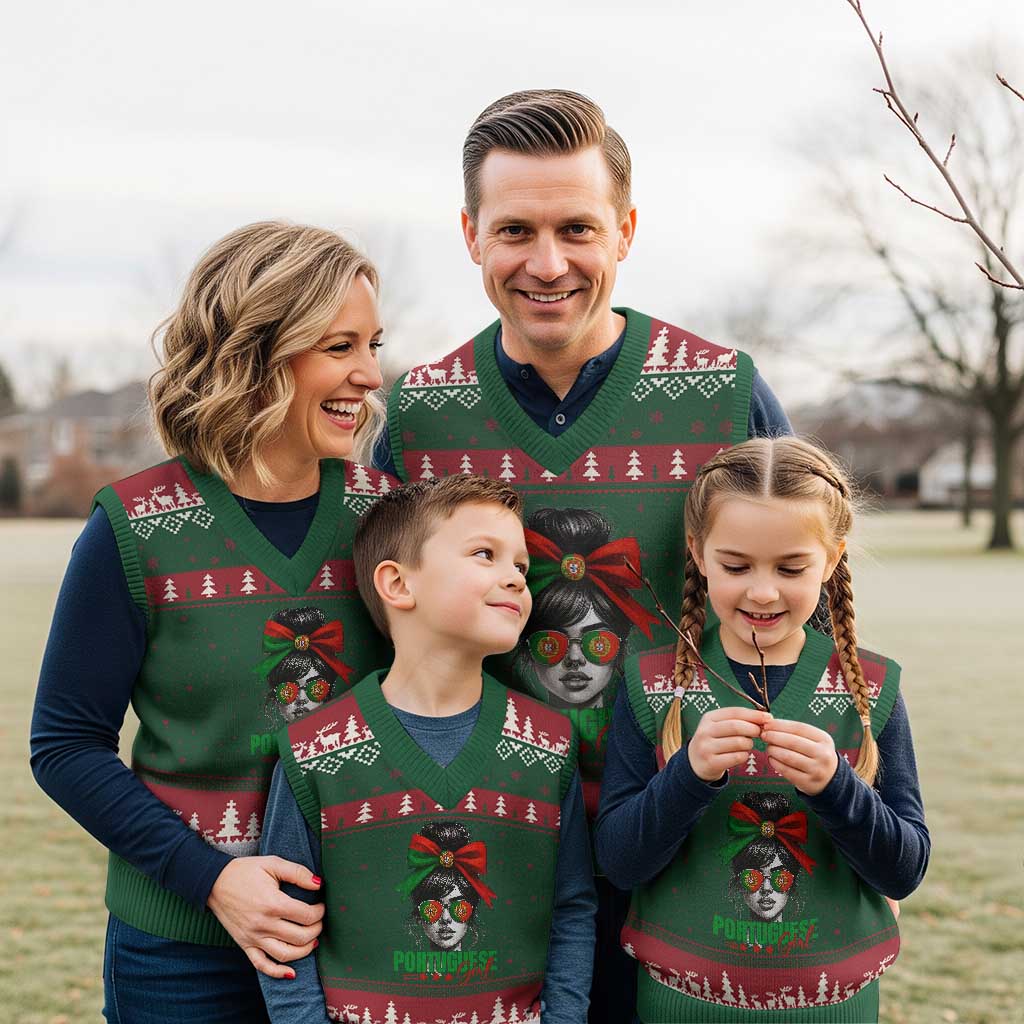 Portuguese Girl V-Neck Knit Sweater Vest Messy Bun Portugal Flag Roots Heritage Pride Gift - Wonder Print Shop