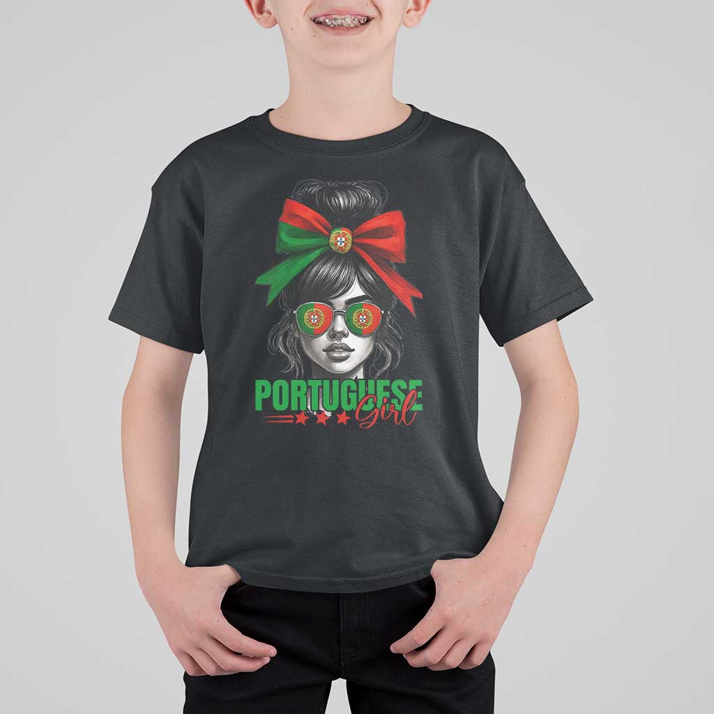 Portuguese Girl T Shirt For Kid Messy Bun Portugal Flag Roots Heritage Pride Gift - Wonder Print Shop