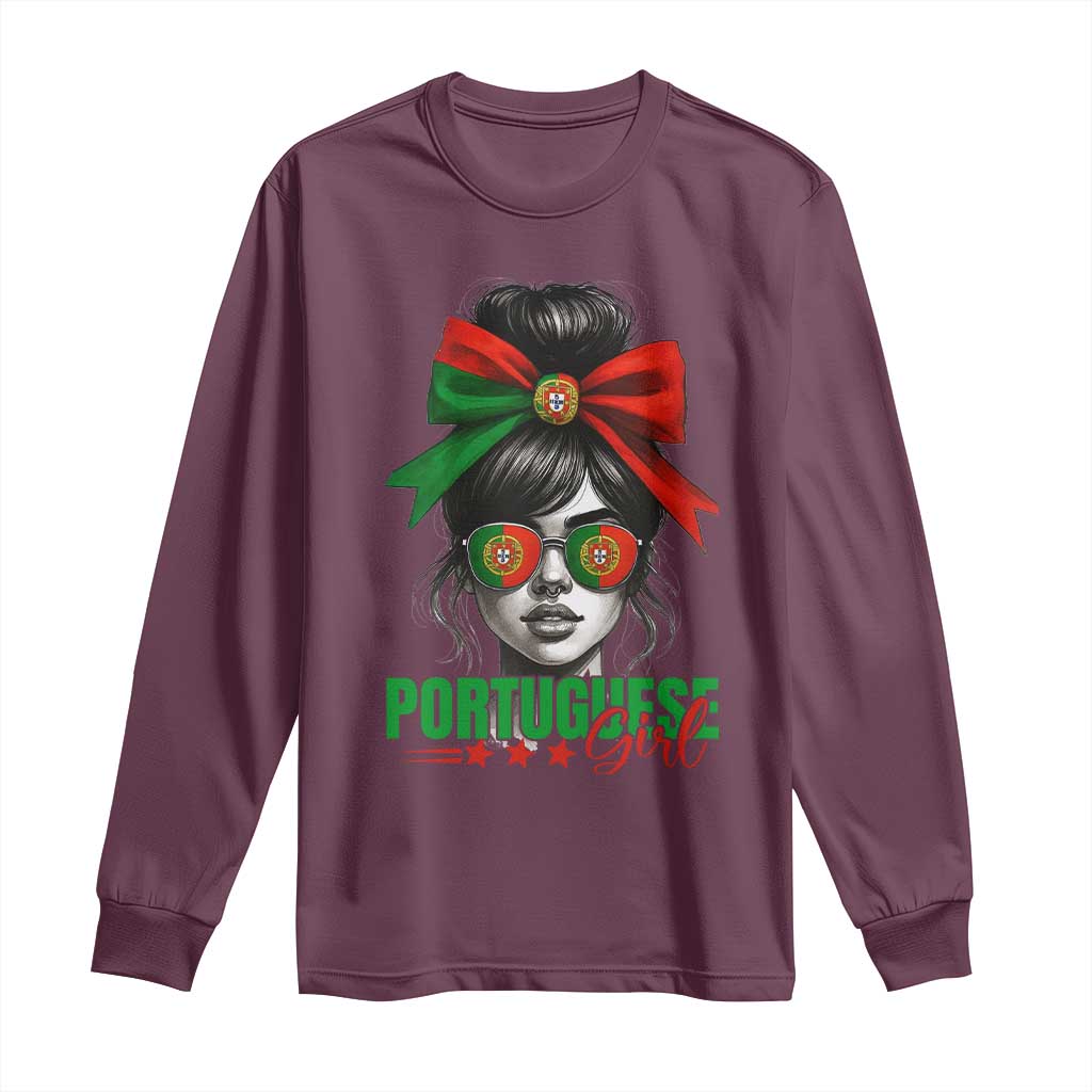 Portuguese Girl Long Sleeve Shirt Messy Bun Portugal Flag Roots Heritage Pride Gift - Wonder Print Shop