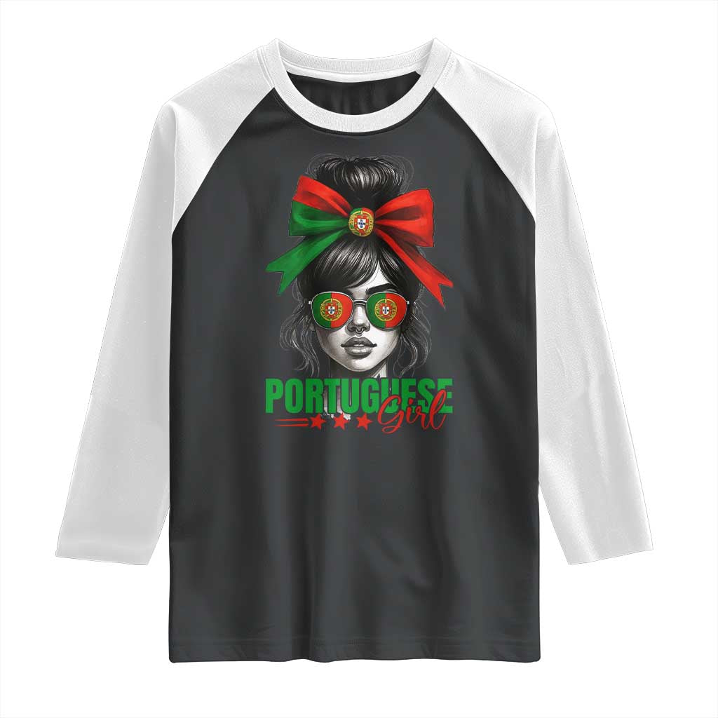 Portuguese Girl Raglan Shirt Messy Bun Portugal Flag Roots Heritage Pride Gift - Wonder Print Shop
